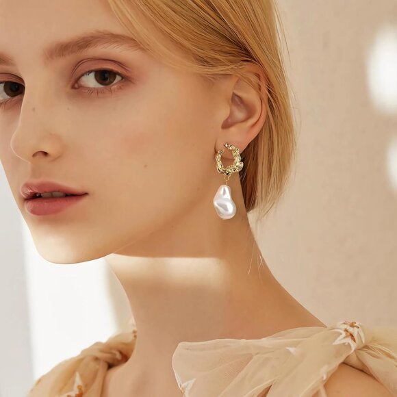 Pearl Drop Earrings Gold Plated Dangle Statement Jewelry for Women Gift - Picture 2 of 6